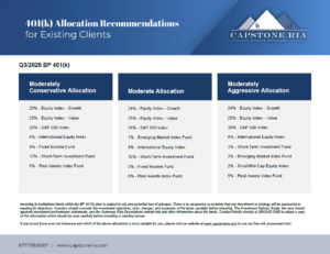 Blue banner with the title '401(k) Allocation Recommendations for Existing Clients' and the Capstone RIA logo on the right, gradient background, conveys a financial advisory page theme.