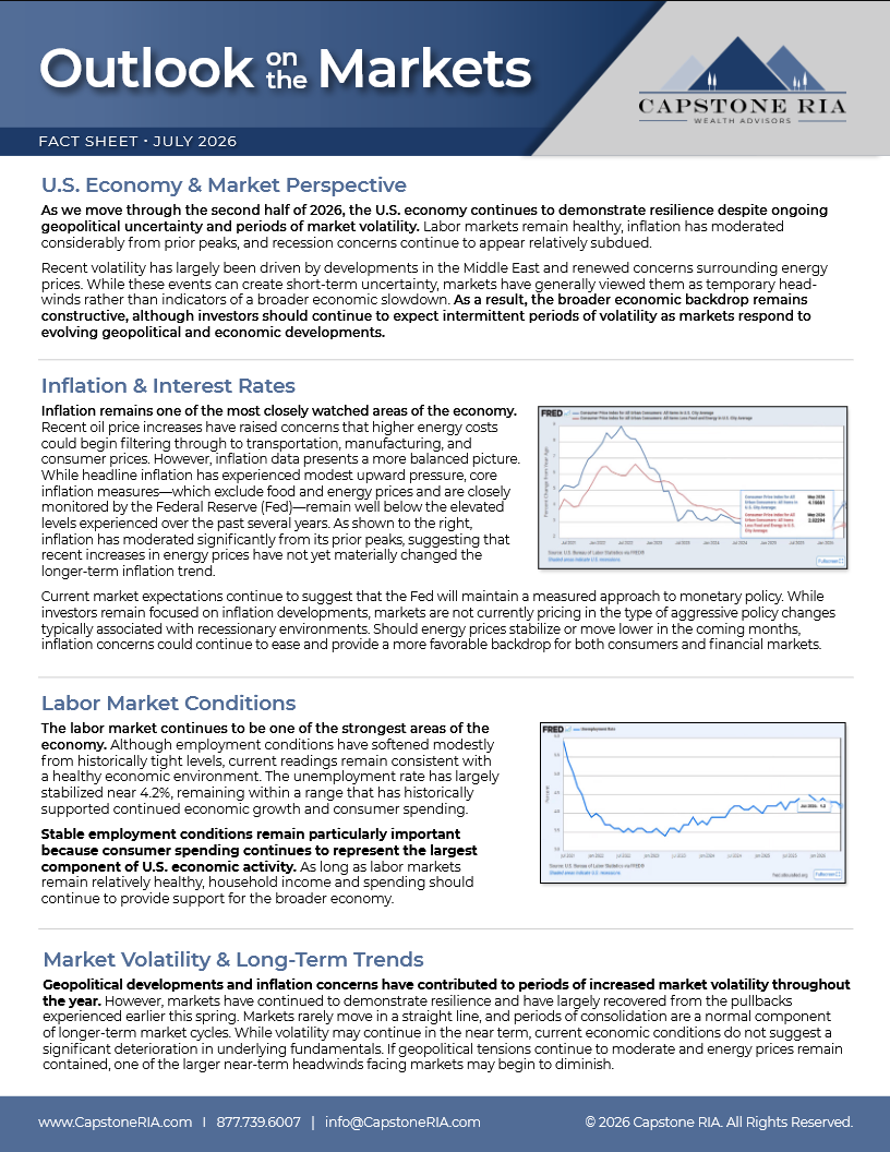 Fact sheet titled Outlook on the Markets—July 2026, with U.S. economy, inflation, labor, and volatility charts.
