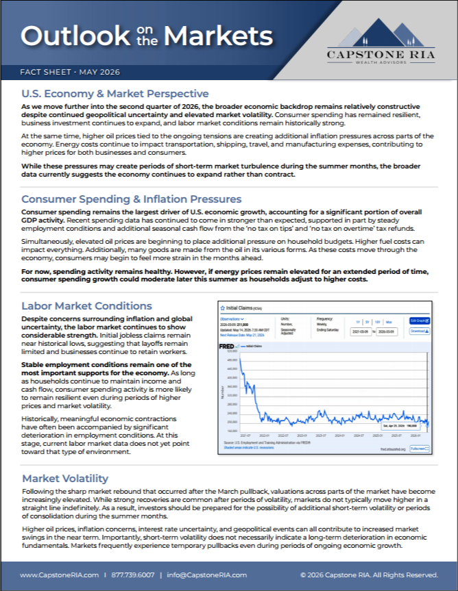 Capstone RIA fact sheet 'Outlook on the Markets' May 2026: U.S. Economy, Consumer Spending, Labor Market, and a chart.